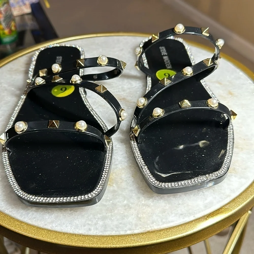 Steve Madden Salsa Jelly Sandals Black Pearl Embellishment Size 9